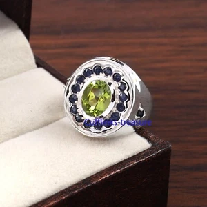 Natural Peridot & Sapphire Gemstones with 925 Sterling Silver Ring For Men #C099 - Picture 1 of 7