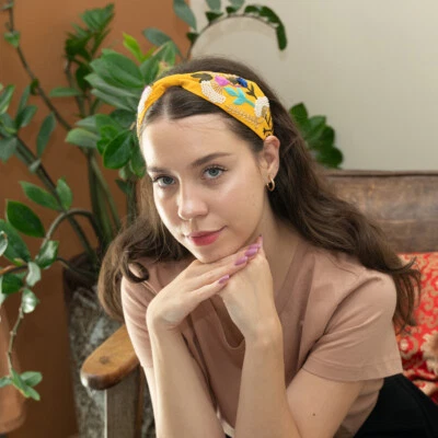 Diadema hecha a mano para mujeres niñas envoltura banda para el cabello superior anudada amarillo sol Foto 1 de 4