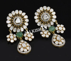 Emerald Gemstone Pave Polki Diamond 925 Sterling Silver Dangle Earring Jewelry - Picture 1 of 11