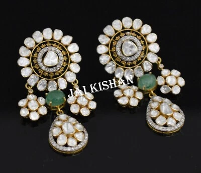 Smaragd Edelstein Pflastern Polki Diamant 925 Sterlingsilber Lang Schmuck - Bild 1 von 4