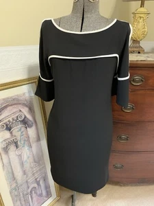 Calvin Klein Black Dress Short Flutter Sleeve Cream Trim Size Medium Pullover - Picture 1 of 11