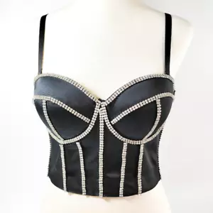 Women Crystal Diamante Bustier Crop Top Push Up Camisole Tank Vest Club Party - Picture 1 of 26