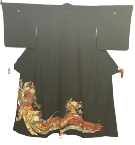 Kimono Tomesode japonés vintage poliéster flor negra escudo familiar altura 62 pulgadas - Imagen 1 de 23