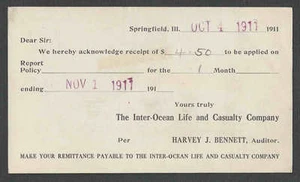 1911 PC SPRINGFIELD IL INTER-OCEAN LIFE & CASUALTY CO RECIBO POR DINERO - Imagen 1 de 1