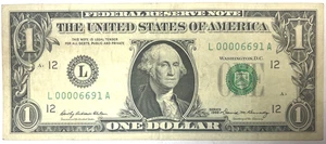 1969 $1 FEDERAL RESERVE NOTE LOW SERIAL NUMBER CIRCULATED!!! L 00006691 A - Picture 1 of 2