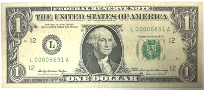 1969 $1 FEDERAL RESERVE NOTE LOW SERIAL NUMBER CIRCULATED!!! L 00006691 A - Image 1 of 2