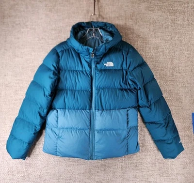Chaqueta acolchada reversible The North Face 550 para niñas XL azul verdoso con capucha Foto 1 de 4