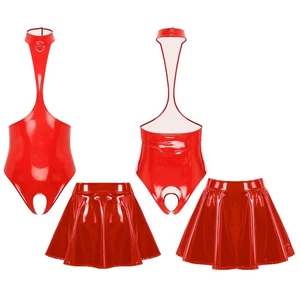 Women Nightwear Teddy Lingerie Playsuit Bodysuit Miniskirt Wet Look Clubwear - Picture 1 of 48