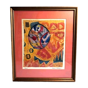 Vintage Batik Fabric Painting Abstract Circle Hand Signed 16x18 Frame MCM Art - Picture 1 of 14