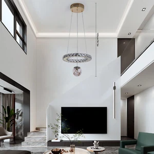 3-color Modern Ring Crystal Chandelier Adjustable Hanging Led Ceiling Fixtures - Picture 1 of 11