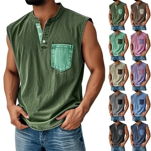 Men Sleeveless Beach Shirts Summer Hawaiian Shirts Casual Button Henley Tank Top - Picture 1 of 25
