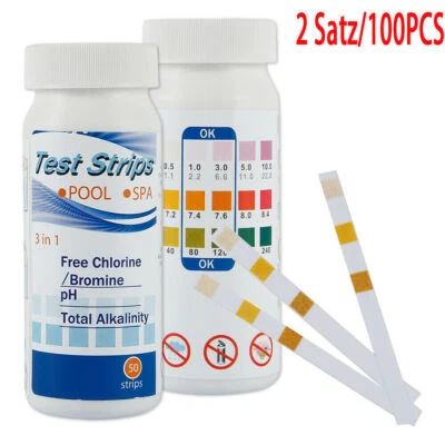 100X 3in1 Teststreifen Pool Pooltester Chlor Brom PH Alkalität Wert Wassertester - Bild 1 von 4