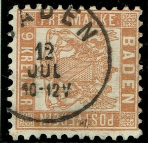 1862 Baden SG32 9k Yellow Brown Crisp BADEN CDS Very Fine Used Cat. £150.00 - Picture 1 of 1