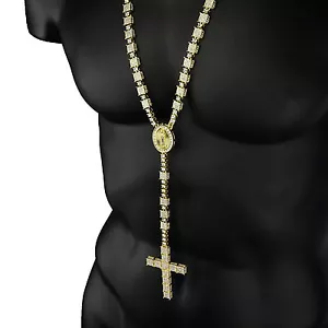 14k Vergoldet Kubik-Zirkonia Rosenkranz 3D Würfel Cluster Guadeloupe Halskette Kreuz - Bild 1 von 9
