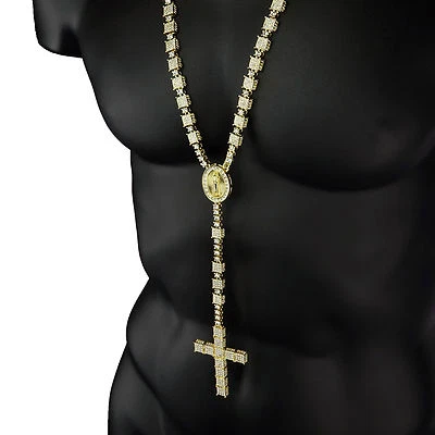 14k Gold Plated Cubic-Zirconia Rosary 3D Cube Cluster Guadalupe Necklace Cross - Image 1 of 4