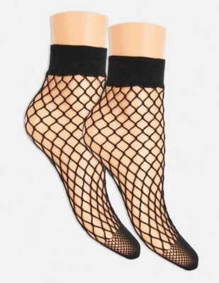 Calcetines altos al tobillo Fishnet 2 pares lisos negros 4-8UK Foto 1 de 2