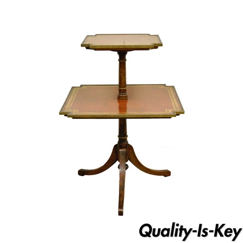 Vintage English Mahogany Tooled Leather Top Dumbwaiter Two Tier Accent End Table Cover