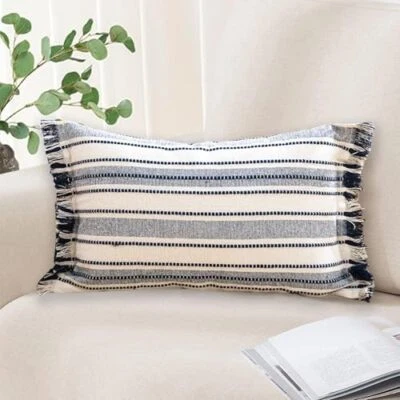 Beige and Boho Decorative Lumbar Pillow Covers 12x20 12" x 20" Navy Blue - Image 1 of 4