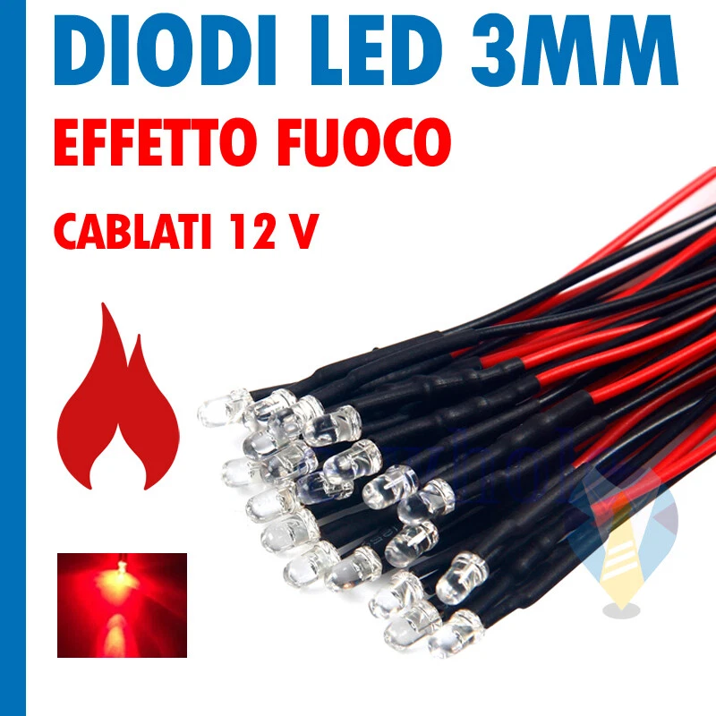 10 PEZZI DIODI LED 3 mm effetto Fuoco Rosso Tremolante Sfarfalla CABLATI 12V  - Immagine 1 di 1
