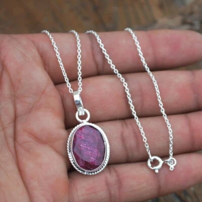 Sfaccettato Rosso Rubino Ovale Gemma 925 Argento Sterling Catenina Compleanno - Immagine 1 di 4