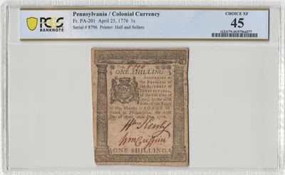 Fr.PA-201 April 25, 1776 1 Shilling Pennsylvania Colonial Currency PCGS Ch XF 45 - Image 1 of 2