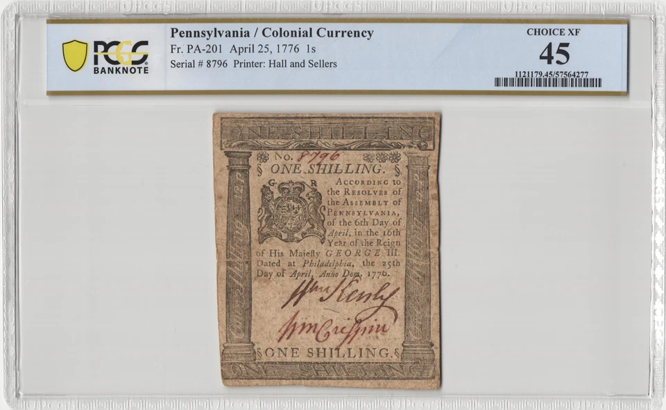 Fr.PA-201 April 25, 1776 1 Shilling Pennsylvania Colonial Currency PCGS Ch XF 45 - Image 1 of 2