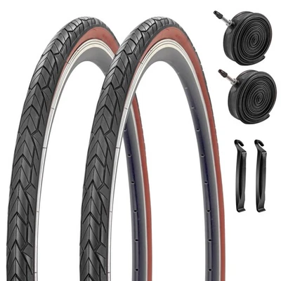 Paquete de 2 neumáticos para bicicleta de carretera SIMEIQI 700x35C y tubos interiores Presta - negro/marrón Foto 1 de 4