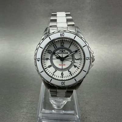 Technos Ceramic Watch Women 29mm White Dial Silver Tone Round New Battery - Image 1 of 4
