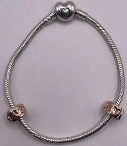 Pandora Moments Sterling Silver Snake Chain Heart Clasp w/ 2 Charms 20.5g 7.5in - Picture 1 of 5