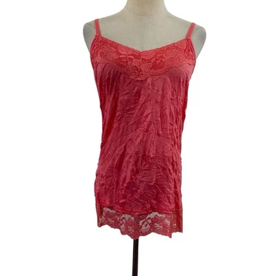 Vtg Y2K Lace Camisole Coral Pink Sz L Crinkle Fabric Fairy Grunge Layer  - Image 1 of 4