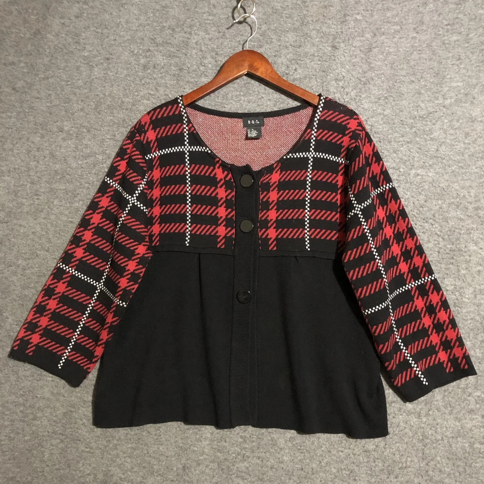 RQT Suéter Mujer XL Negro Rojo Cuadros Botón Cárdigan Babydoll Cintura Imperio Y2K Foto 1 de 4