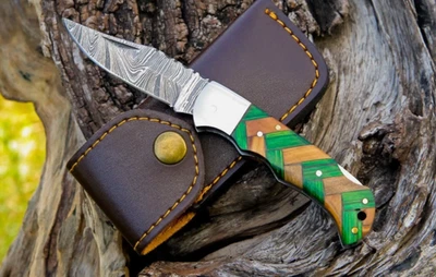 Hand Forged Damascus Steel Lockback Folding Pocket Knife Custom Blade W/Sheath - Image 1 of 4