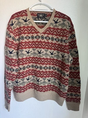 RRL Ralph Lauren Sweater XL Fair Isle Bird Pattern Wool Blend V-Neck Red Tan - Image 1 of 4