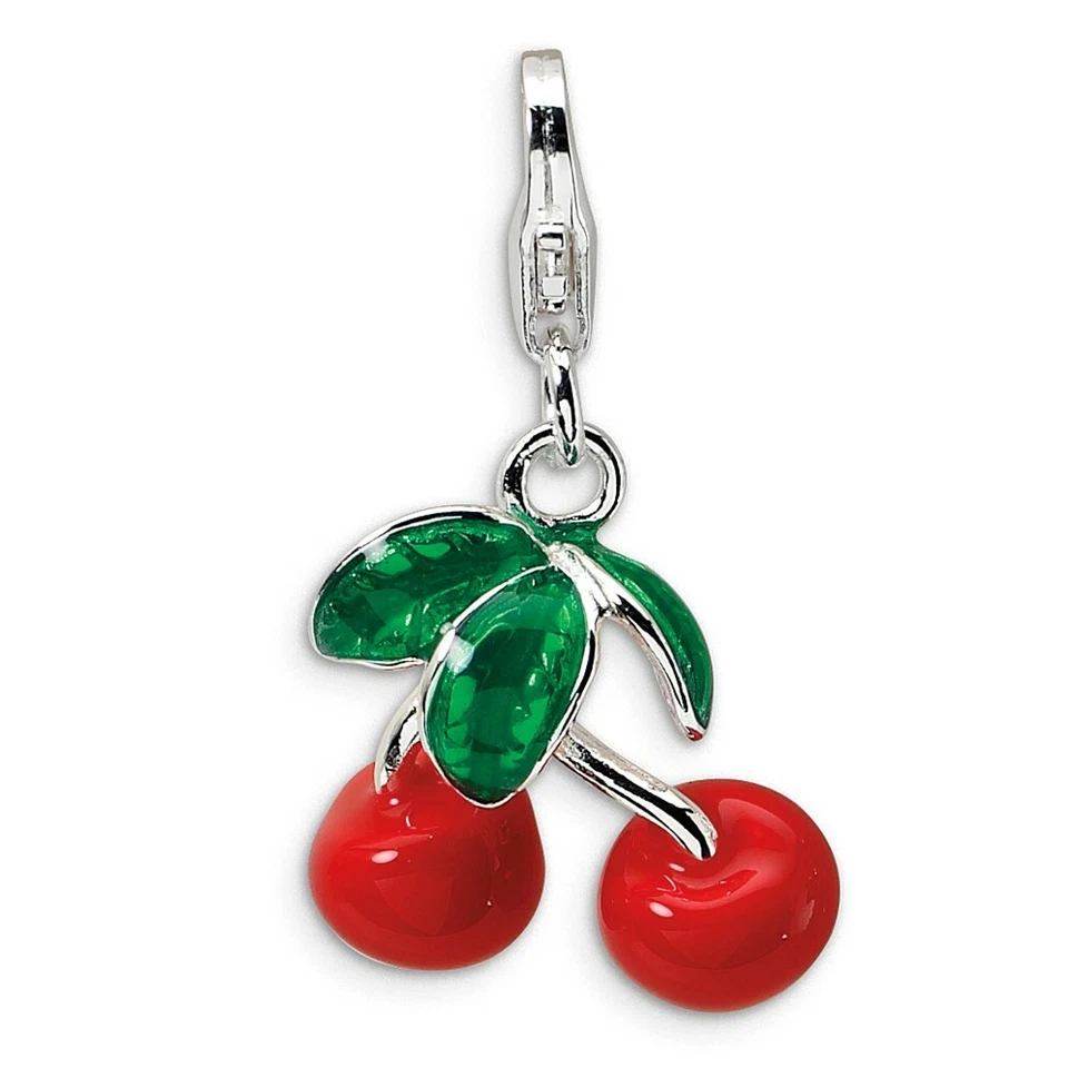 Sterling Silver AMORE La Vita Rhodium-pl 3-d Enameled Cherries Charm Qcc352