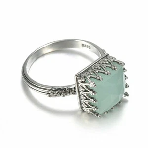 925 Sterling Silber grüner Aventurin Stein Krone Korbfassung quadratischer Schliff Ring - Bild 1 von 3