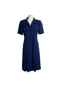Vintage 80s Womens Dress Size 8 Button Front Shoulder Pads Pockets Secretary - Picture 1 of 7