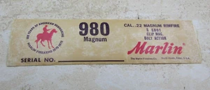 Vintage Marlin Firearms Box Sticker, Decal, Label, 980 Magnum .22 Rimfire Rifle - Imagen 1 de 3