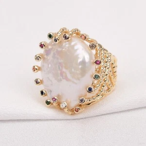 Moneda Blanca Cultivada Anillos Perla Keshi Mezcla Color Circonita Pavimentada Chapado en Oro Anillo Regalos - Imagen 1 de 9