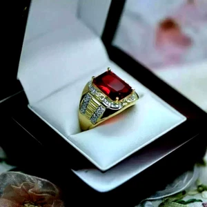 14k Yellow Gold Finish 3Ct Radiant Cut Garnet Solitaire Men's Wedding Band Ring - Picture 1 of 1