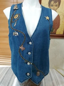 Wanted By Beads Beautiful Denim Jean Vest Medium With hanging Western Charms - Picture 1 of 12