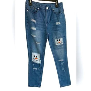 Snowman face distressed medium wash fashion jeans women S - Picture 1 of 13