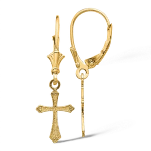 14K Solid Yellow Gold Hanging Cross Dangle Earrings - Picture 1 of 11
