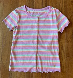 Justice Girls' Striped Short Sleeve Snap Front Top Tee, Pink Purple, Size M (10) - Picture 1 of 5
