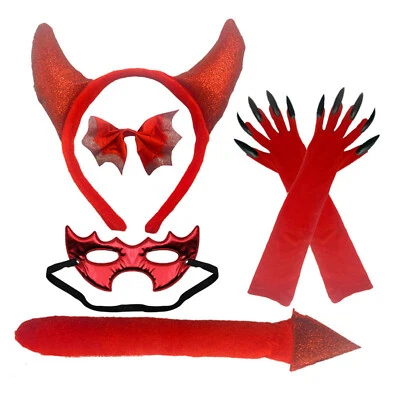 5 Piezas Disfraz Diablo Cuerno Diadema Cola Arco Guantes Máscara, Pequeño Demonio Conjunto Foto 1 de 4