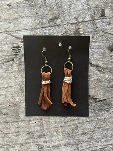 Brown Leather Cord Tassel Earrings BOHO Handmade 2" Drop - Picture 1 of 4