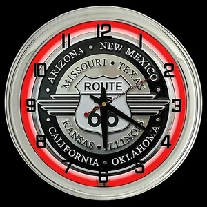 16" Route 66 Sign Red Neon Clock Garage Man Cave Decor - Picture 1 of 2