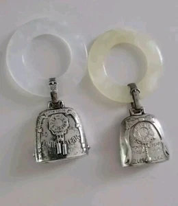 Webster Sterling Baby Rattles Or Teether MOP Birth Record, Set Of 2 Engraved - Picture 1 of 11