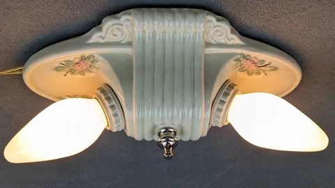 Antique PORCELIER Porcelain Ceiling Light Fixture:  Art Deco, MCM, Restored Cover