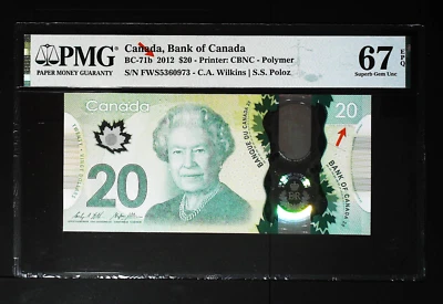 [PMG ERROR] CANADÁ $20 2015 BC-74 COMM. PMG 67 EXCELENTE GEMA UNC ERRO RARO DE LAJE - Imagem 1 de 2