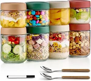 8 Pack Overnight Oats Containers with Lids 16Oz 10Oz Glass Mason Jars Meal Prep - Picture 1 of 12